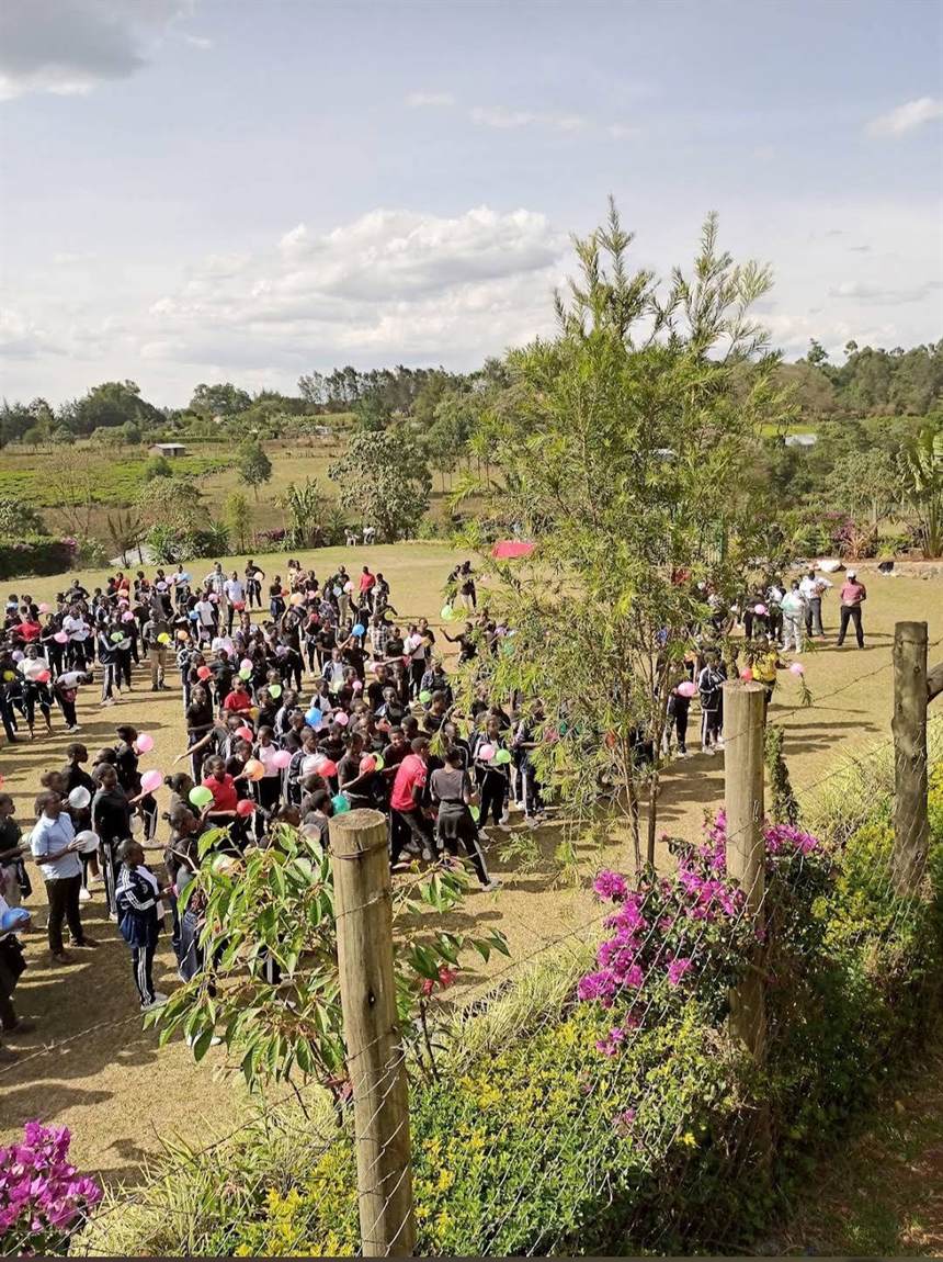 A large group enjoying a team day on the highland grounds with tea farms beyond